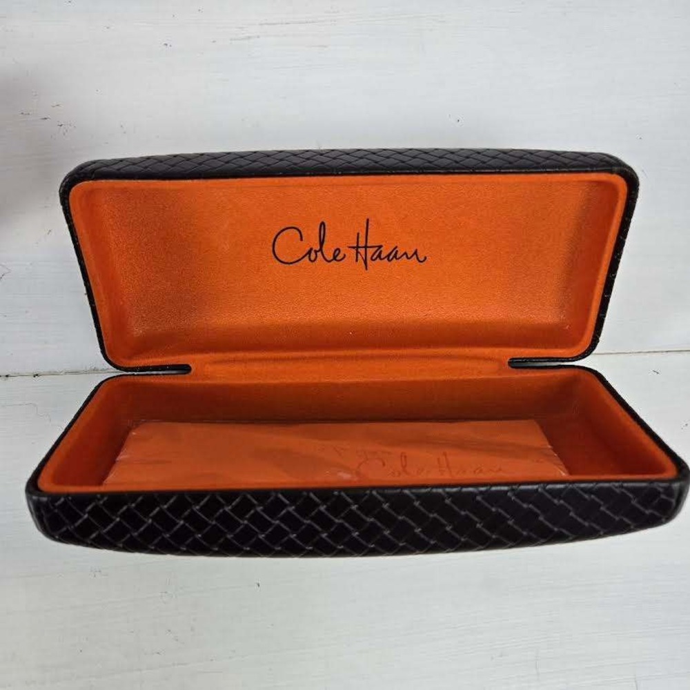 Cole Haan Black Woven Hard Eyeglass Case Texured Orange Interior Cleaning Cloth‎